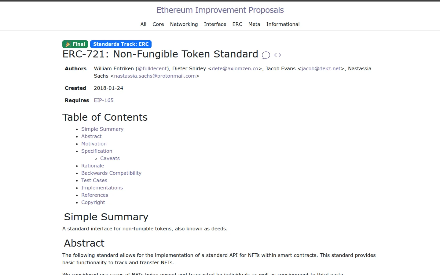 EIP-721 page on eips.ethereum.org displaying the non-fungible token standard and creation date