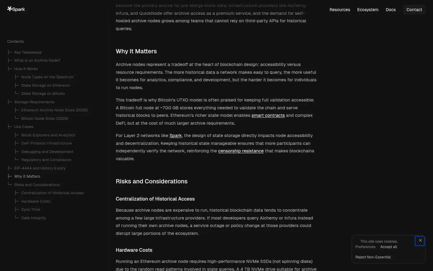 Screenshot of Spark Money glossary stating 2026 archive-node size estimates of 2 TB for Erigon and over 12 TB for legacy Geth